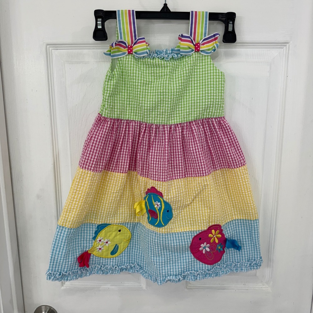 Rare Edition Girls Gingham Seersucker Fish Applique Tiered Dress Multicolor Sz 5